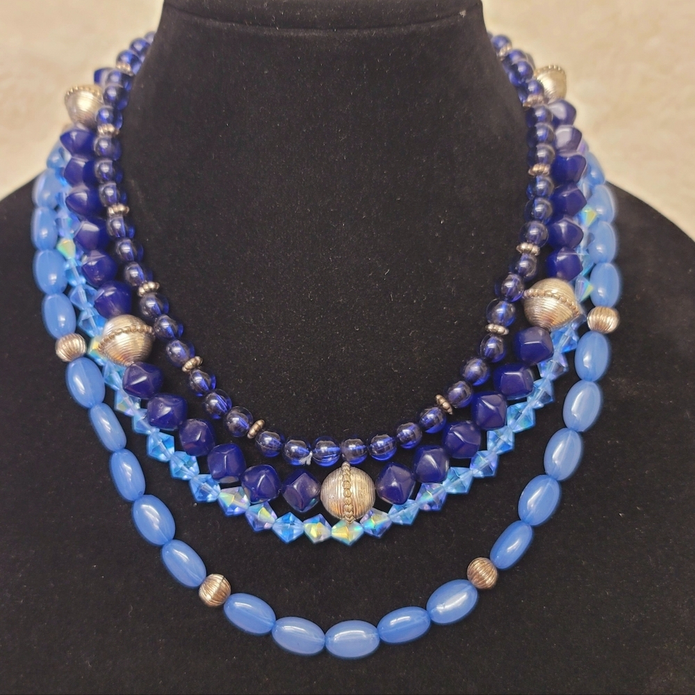 Blue Crystal & Silver Necklace, Multi-Strand, Acrylic & Silvertone -18.5" - Vtg